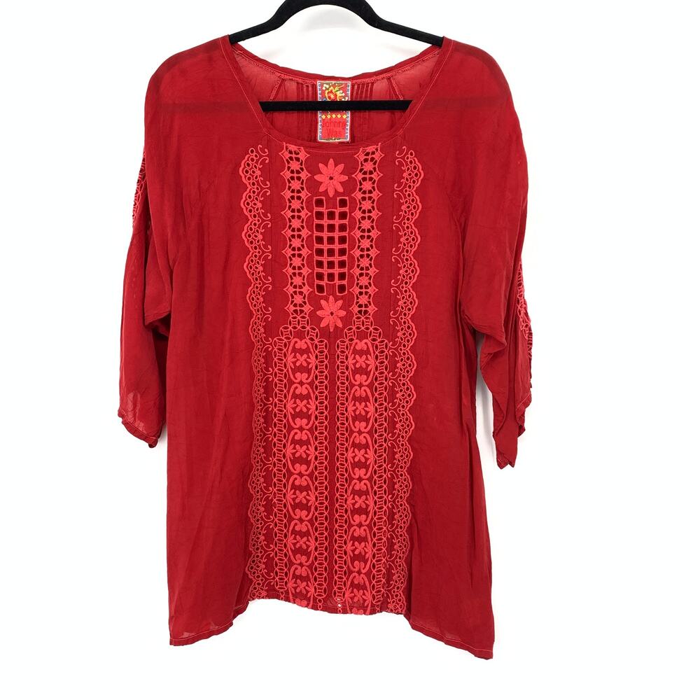 Johnny Was Tunic Womens L Red Embroidered Floral Eyelet Boho 3/4 Sleeve Blouse
